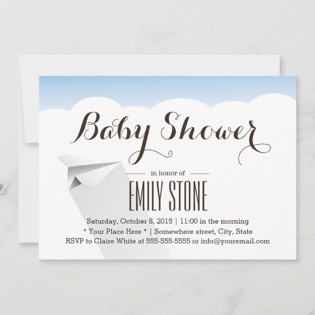 Simple Flying Paper Airplane Baby Shower Invitation (Front)