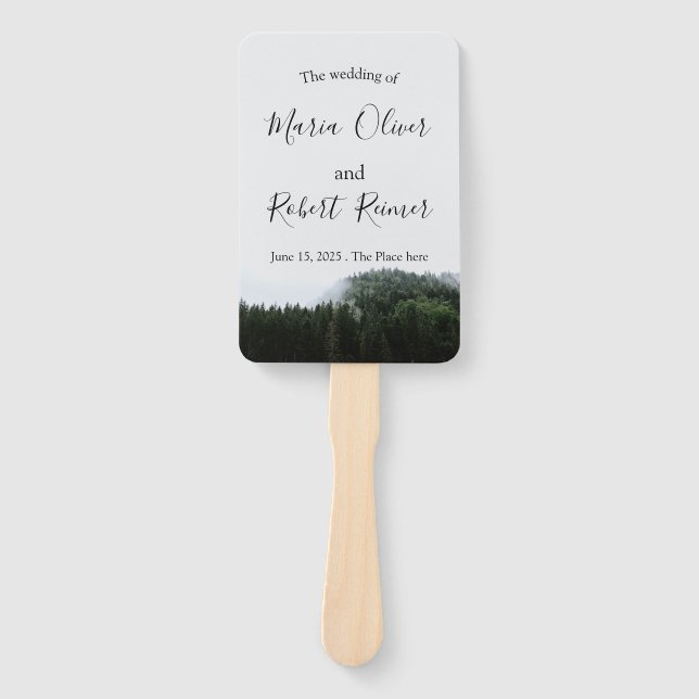 Simple, Foggy Pine Trees Rain Forest Wedding Hand Fan (Front)