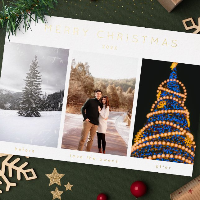 Simple foil Three Photo Merry Christmas Foil Holiday Card (Creator Uploaded)