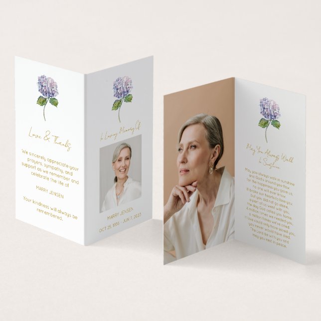 Simple Folded Hydrangea Photo Funeral Prayer Card (Inside and Outside)