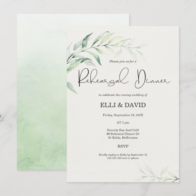 Simple Foliage Greenery Rehearsal Dinner Invitation (Front/Back)