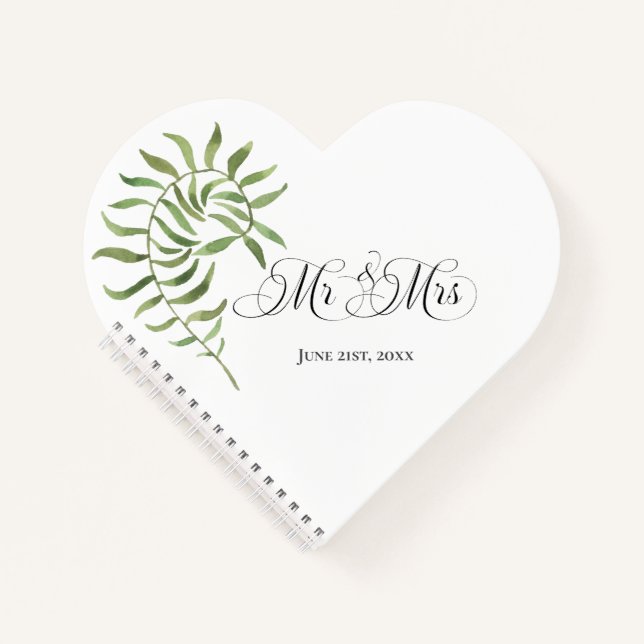 Simple Foliage, Mr & Mrs Wedding Heart Notebook (Front)