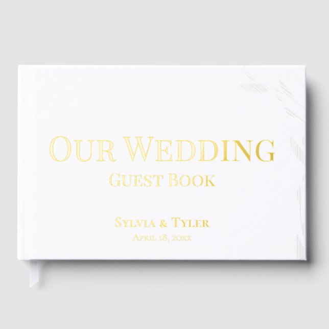 Simple Foliage White Gold Foil Wedding Guest Book (Front)
