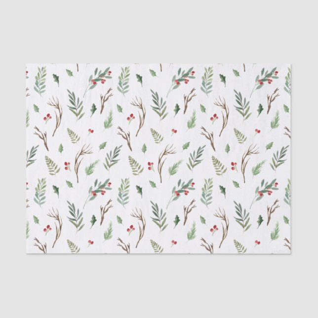 Simple Forest Berry Pinecone Watercolor Christmas Tissue Paper (Front)