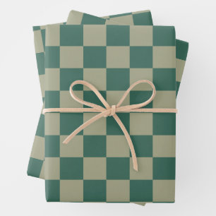 Simple Forest Green and Sage Chequerboard Pattern Wrapping Paper Sheet