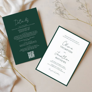 Simple Forest Green Border Script QR Code Wedding Invitation