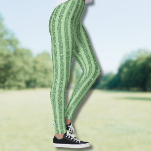 Simple Forest Green Glitter Style Vertical Stripes Leggings