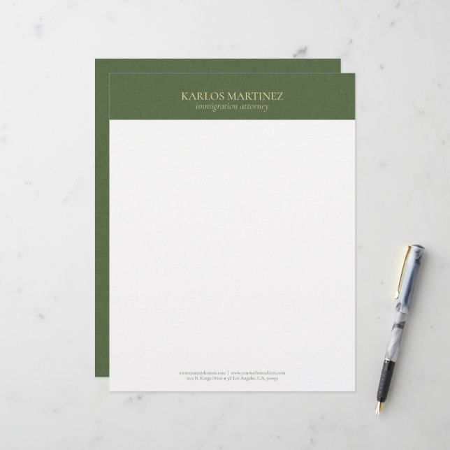 Simple Forest Green Linen Gold Typography Letterhead (Front/Back In Situ)