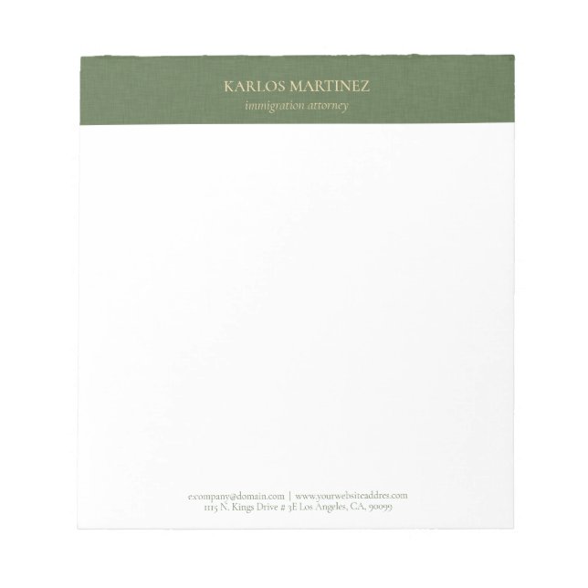 Simple Forest Green Linen Gold Typography Notepad (Front)