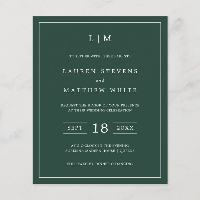 Simple Forest Green Monogram Budget Wedding Invite (Front)