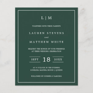 Simple Forest Green Monogram Budget Wedding Invite