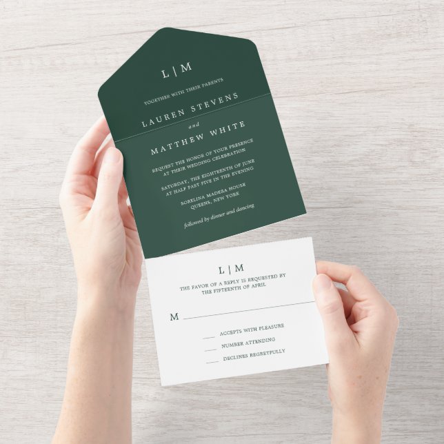 Simple Forest Green Monogram Elegant Wedding All In One Invitation (Tearaway)