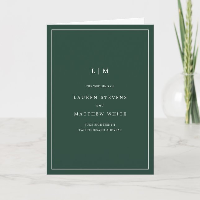Simple Forest Green Monogram Elegant Wedding Program (Front)