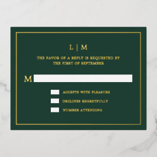 Simple Forest Green Monogram Elegant Wedding RSVP Foil Invitation Postcard