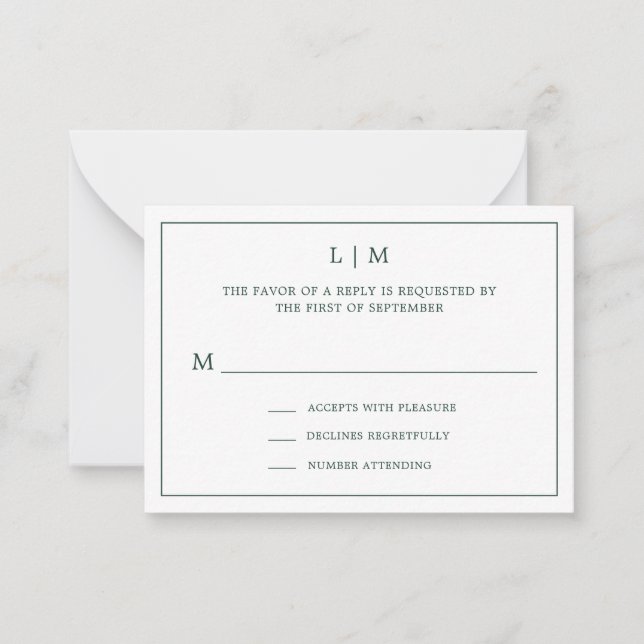 Simple Forest Green Monogram Mini Wedding RSVP Card (Front)
