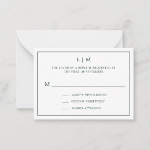 Simple Forest Green Monogram Mini Wedding RSVP Card