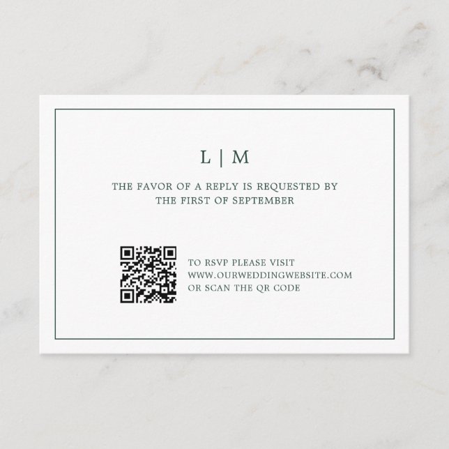 Simple Forest Green Monogram QR Code Wedding RSVP Card (Front)