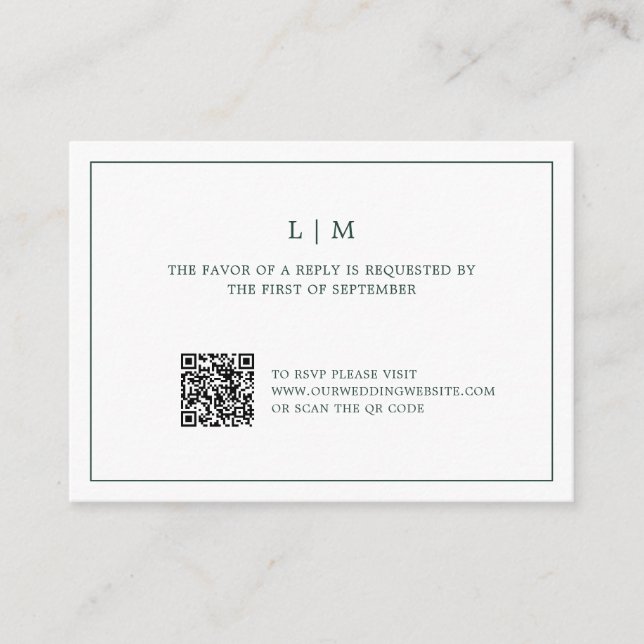 Simple Forest Green Monogram QR Code Wedding RSVP Card (Front)