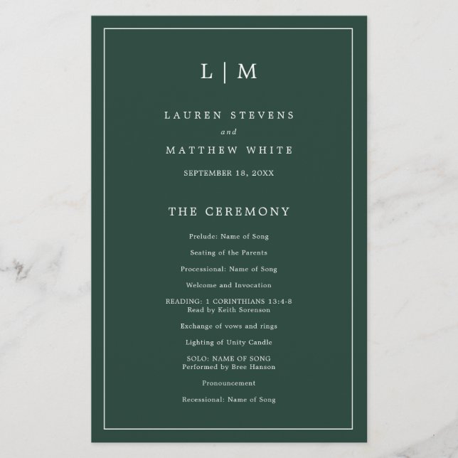 Simple Forest Green Monogram Wedding Program (Front)