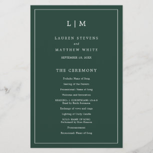 Simple Forest Green Monogram Wedding Program