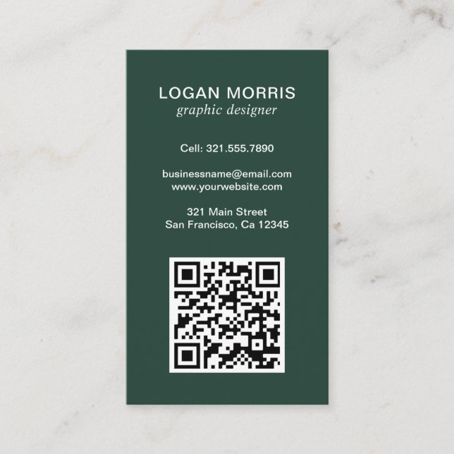 Simple Forest Green QR Code Modern Business Card (Front)
