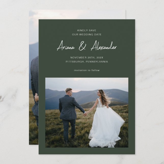 Simple Forest Green Script Photo Wedding Save The Date (Front/Back)