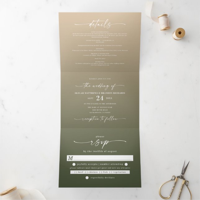 Simple Forest Green & Yellow Gold Ombre Wedding Tri-Fold Invitation (Inside)