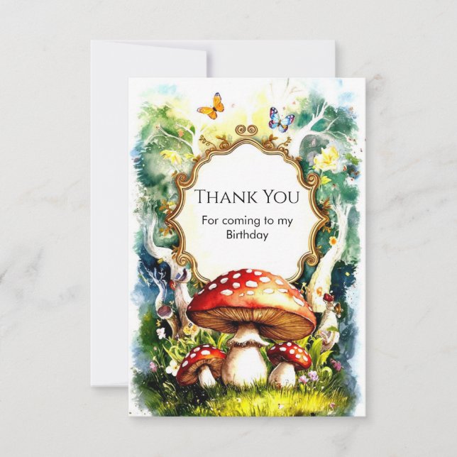 Simple Forest Mushroom Birthday Thank You Card (Front)
