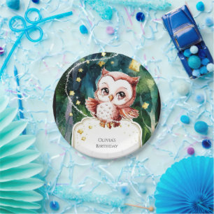 Simple Forest Owl Birthday Paper Plate