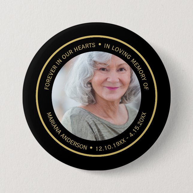 Simple Forever in Our Hearts Black & Gold Memorial 3 Inch Round Button (Front)