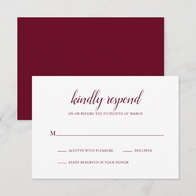Simple Formal Burgundy Elegant Wedding RSVP Card (Front/Back)
