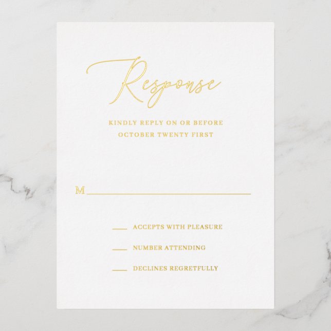 Simple Formal Elegant Gold Foil Wedding RSVP Card (Front)