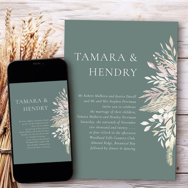 Simple Formal Sage Green Botanical Wedding Invitation (Elegant formal wedding invitation in Sage Green, from my Foliage Duet collection
)
