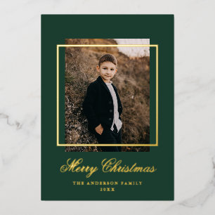 Simple Frame Photo Green and Gold Foil Holiday Card