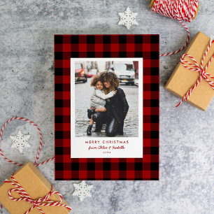 Simple Frame Red Buffalo Plaid Christmas Photo Holiday Card