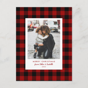 Simple Frame Red Buffalo Plaid Christmas Photo Postcard