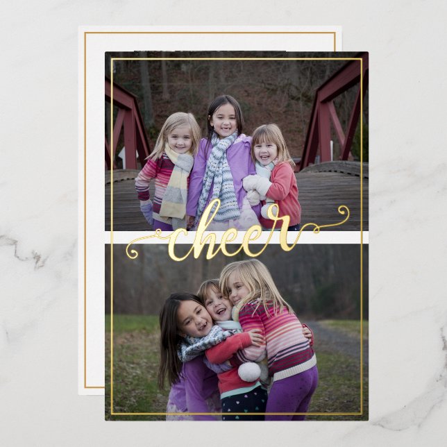 Simple Frame Script Handwritten Cheer 3 photos Foil Holiday Card (Front/Back)