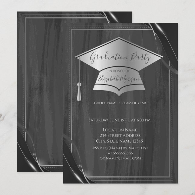 Simple Frame Silver Graduation Cap,Grey Graduation Invitation (Front/Back)