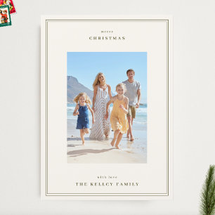 Simple Frames Moss Green on Beige Photo Christmas Holiday Card