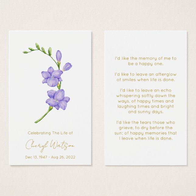 Simple Freesia Funeral Memorial Prayer Card (Front & Back)