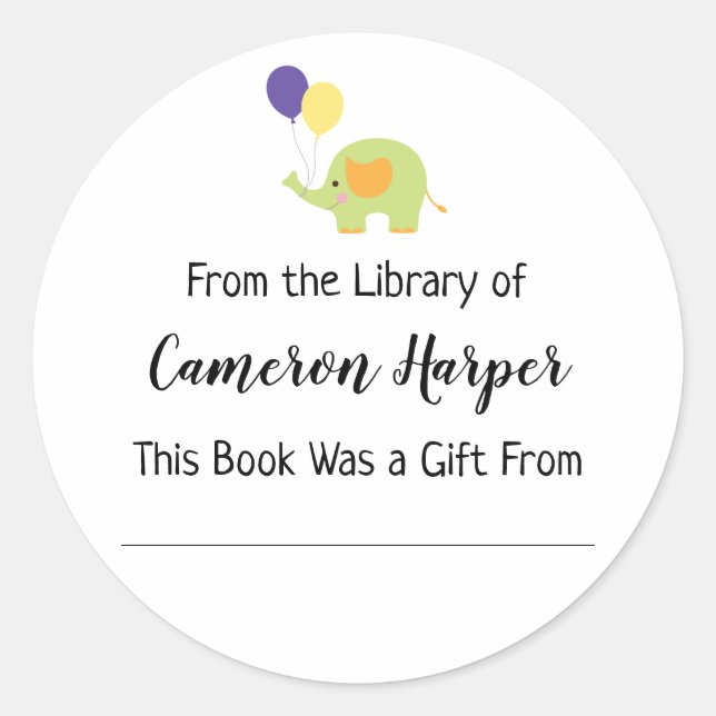 Simple From the Library of Bookplate with Elephant Classic Round Sticker (Front)