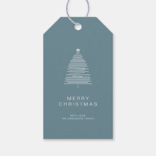 Simple Frost Blue Line Art Merry Christmas Tree Gift Tags