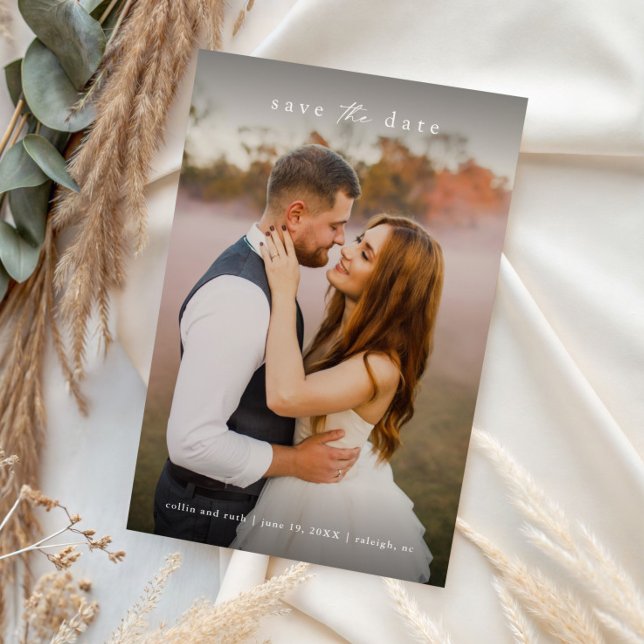 Simple Full Bleed Wedding Photo  Save The Date (Simple full bleed wedding photo save the date with elegant text and QR code backer.)