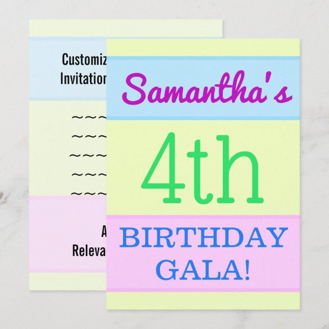 Simple, Fun "4th BIRTHDAY GALA!" Invitation (Front/Back)