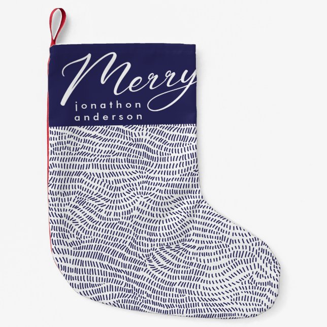 Simple Fun Blue Doodle Merry Christmas Holiday Small Christmas Stocking (Front)