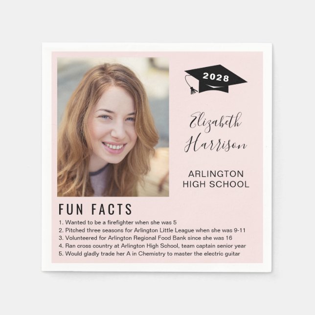 Simple Fun Facts Photo Script Pink Graduation Napkin (Front)