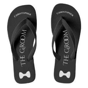 Simple Fun Groom's Name & Bow Tie Wedding Flip Flops