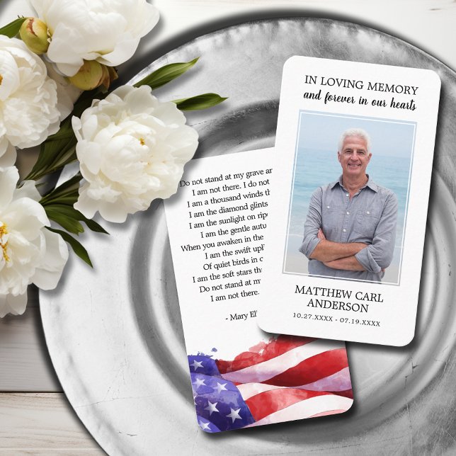 Simple Funeral Memorial Photo US Flag Prayer Card (United States flag funeral photo memorial prayer cards with a poem on the back)