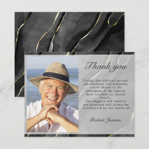 Simple Funeral Photo Black Gold Marble Thank You Card