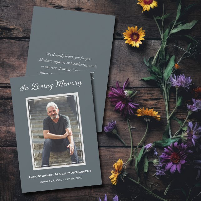 Simple Funeral Photo Sympathy Memorial Card (Simple steel blue funeral photo flat thank you notes with your message on the back)